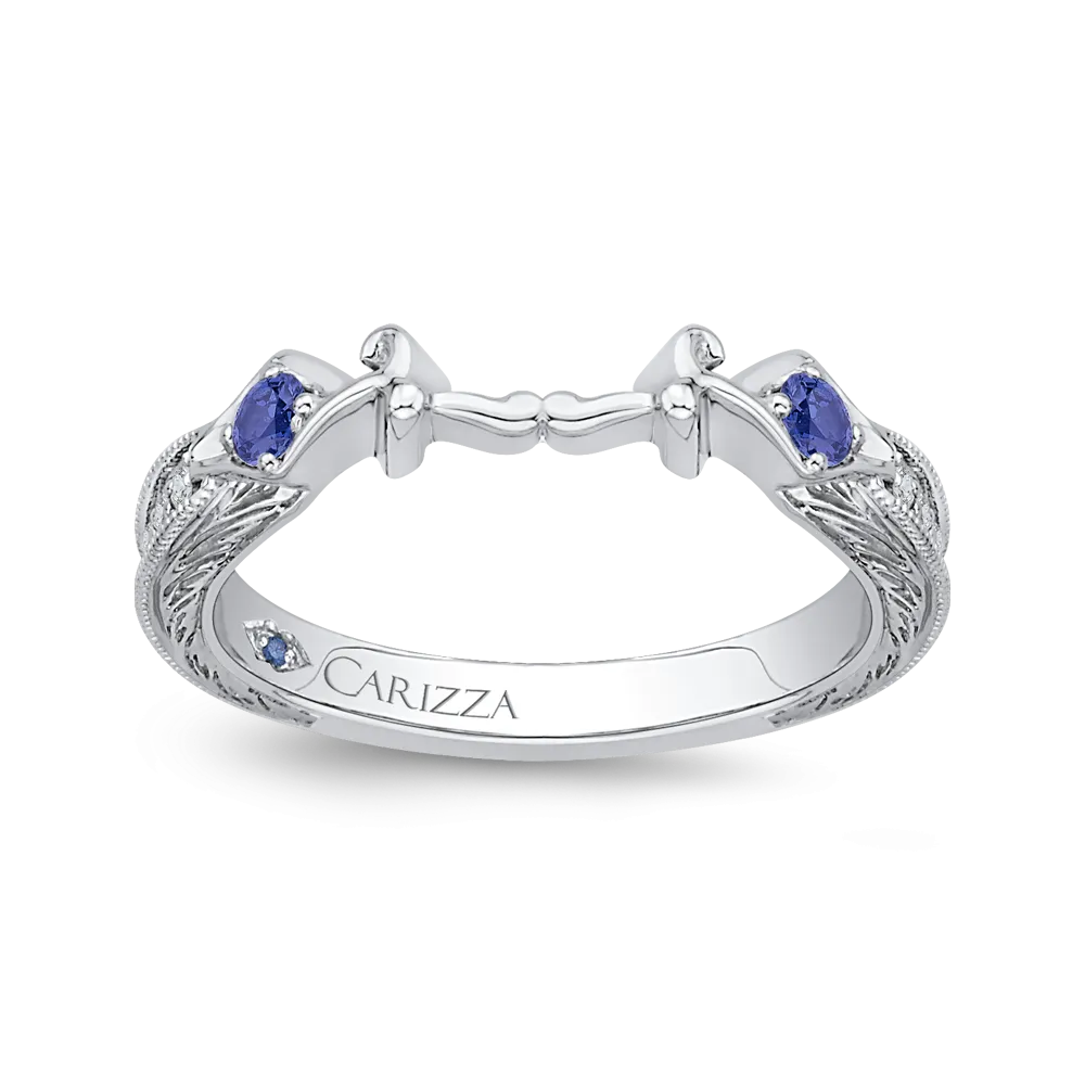 14K White Gold Round Diamond Wedding Band with Sapphire