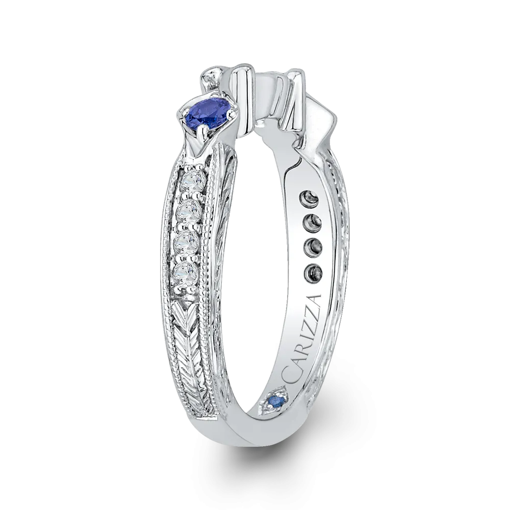 14K White Gold Round Diamond Wedding Band with Sapphire