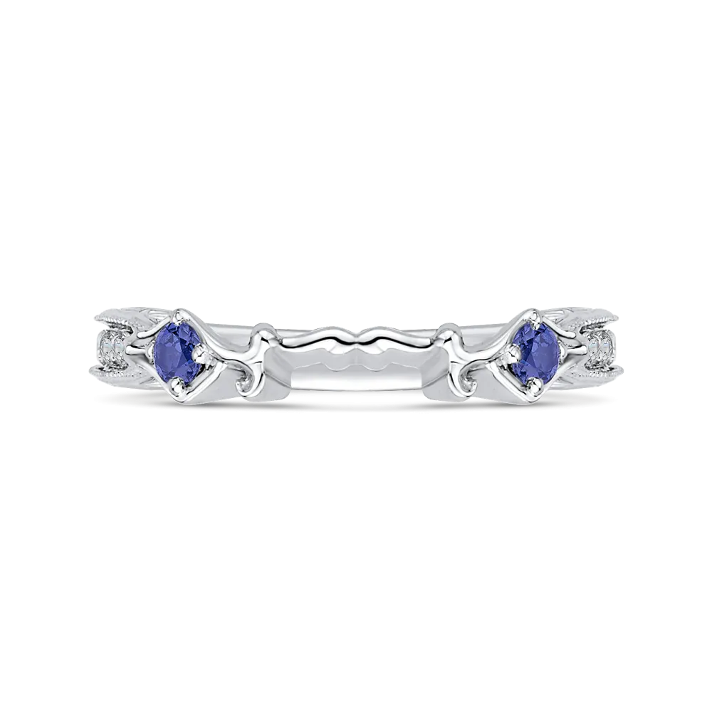 14K White Gold Round Diamond Wedding Band with Sapphire