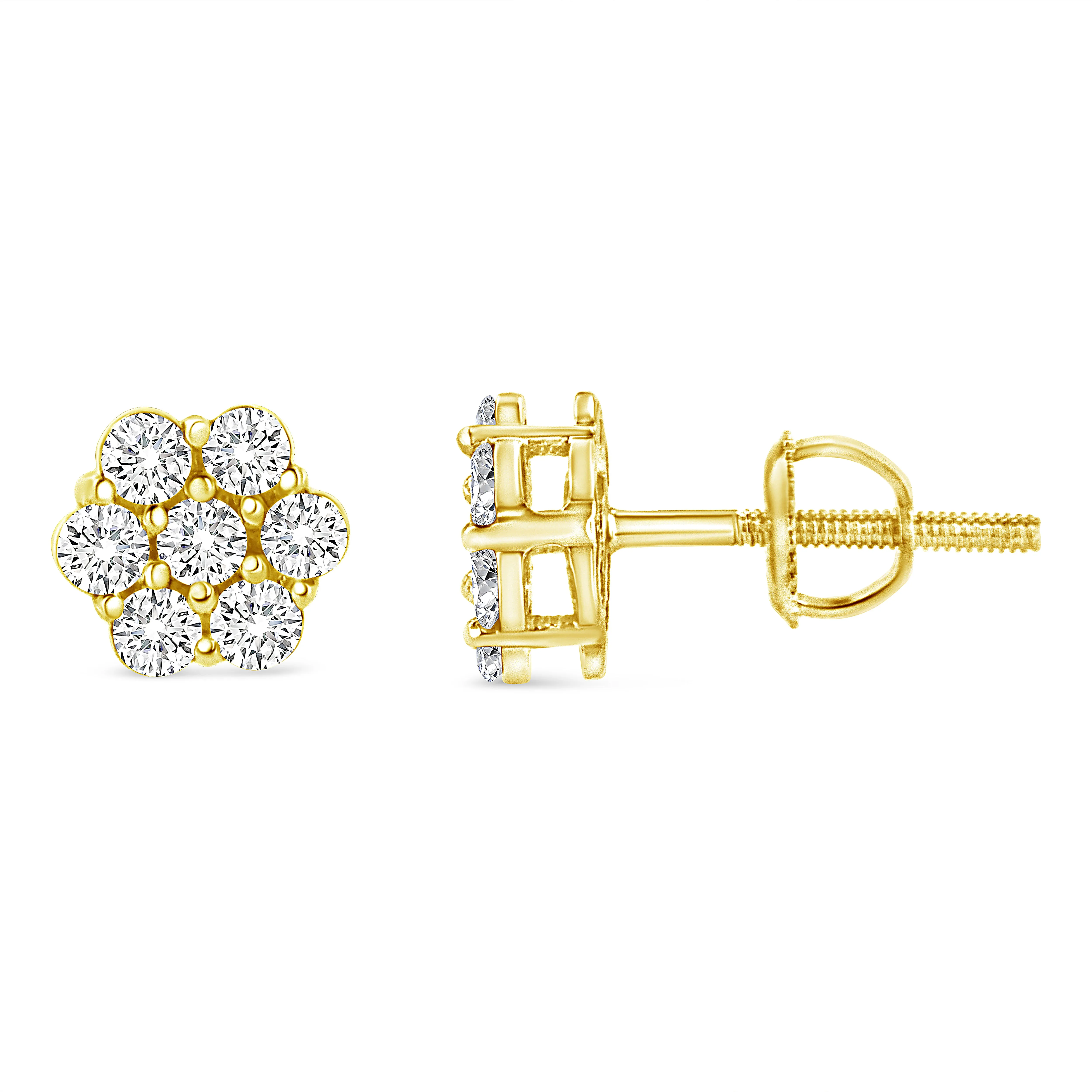 14K Yellow Gold 1/2 Cttw Round Brilliant Cut Diamond Floral Cluster Screwback Stud Earrings