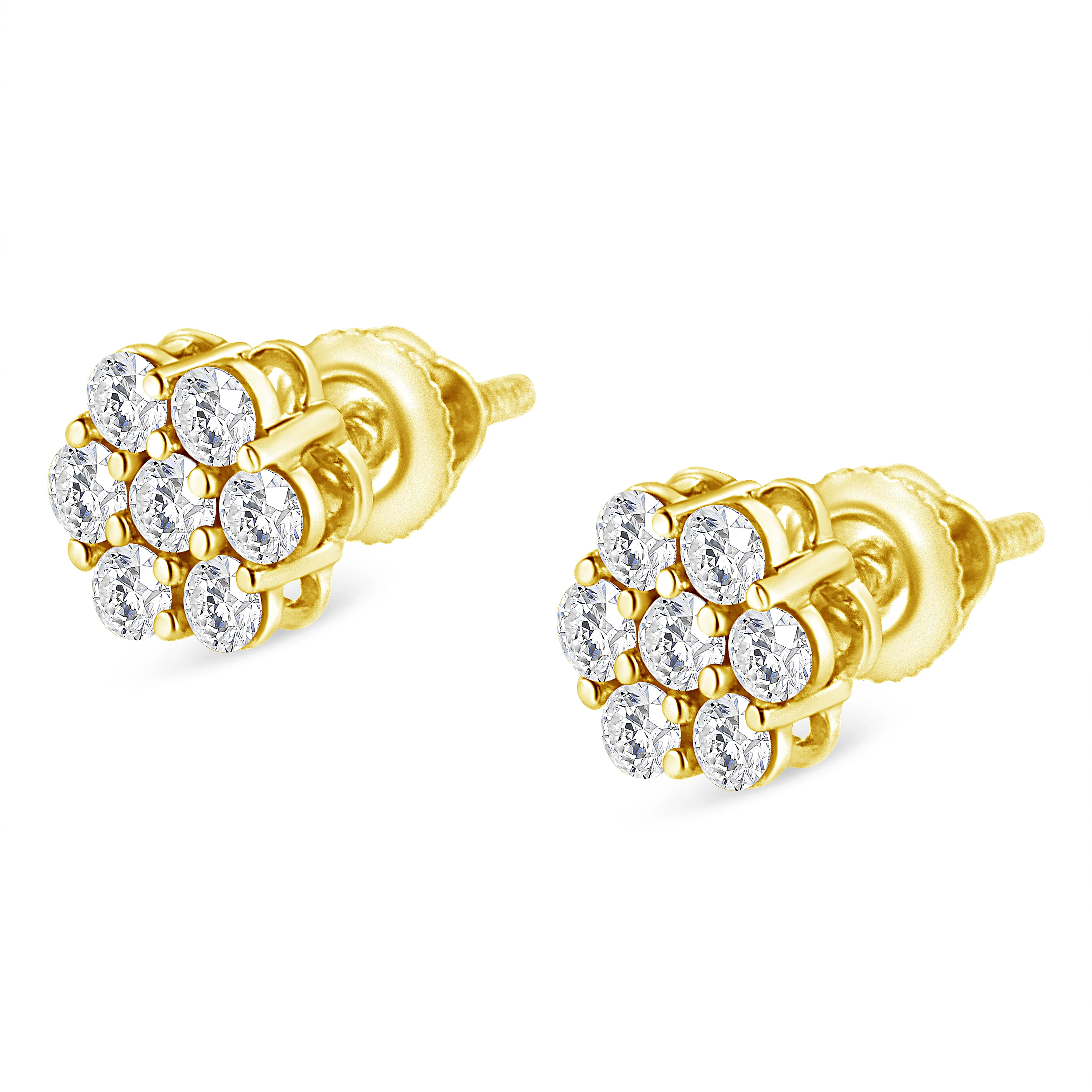 14K Yellow Gold 1/2 Cttw Round Brilliant Cut Diamond Floral Cluster Screwback Stud Earrings