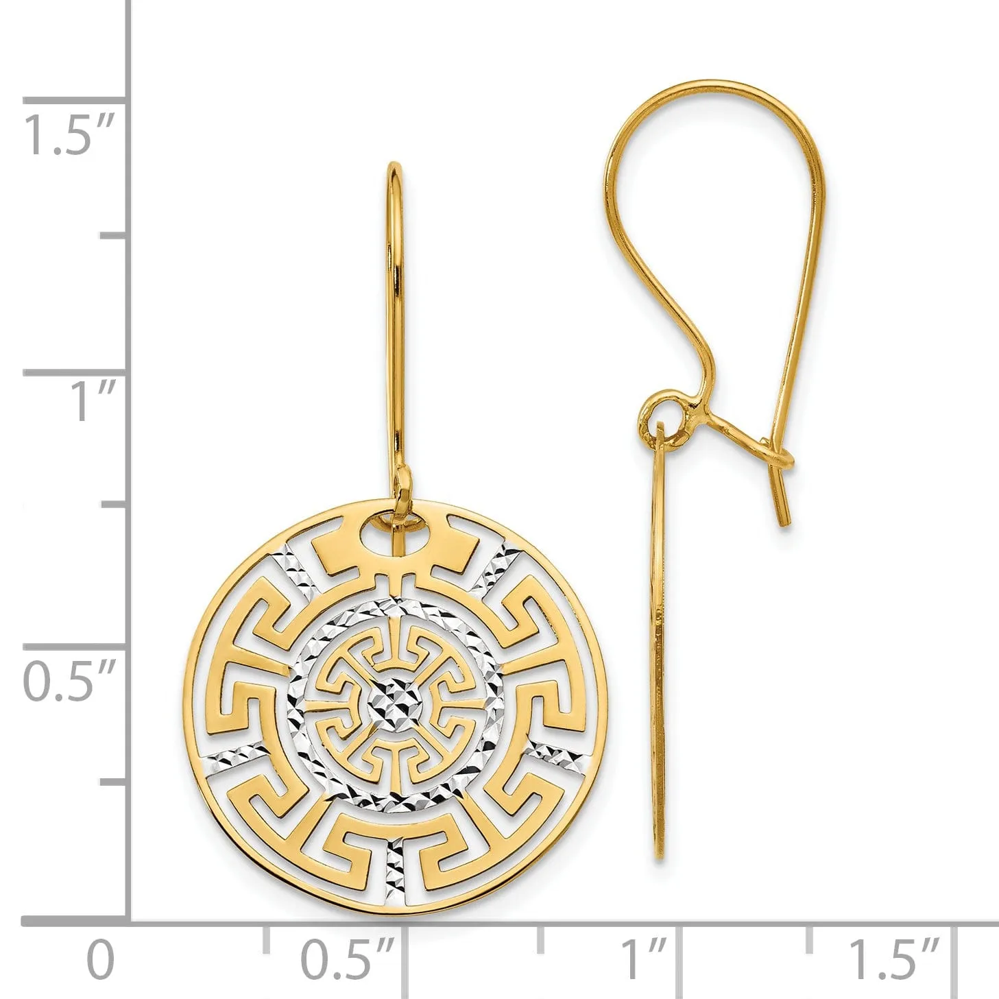 14k Yellow Rhodium Greek Key Dangle Earrings