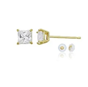 14KT Yellow Gold 6MM Princess Cut Cubic Zirconia Stud Earrings