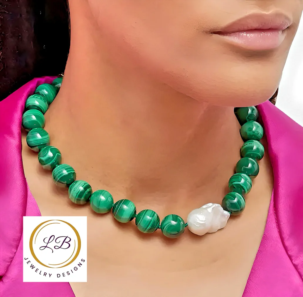 14mm Green Malachite & Baroque Pearl Gemstone Statement Necklace 18”