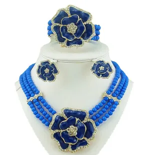 3 Layer Blue Beads Jewellery Set with Brooch Pendant Necklace Earring Bracelet & Ring Beautiful Design Blue