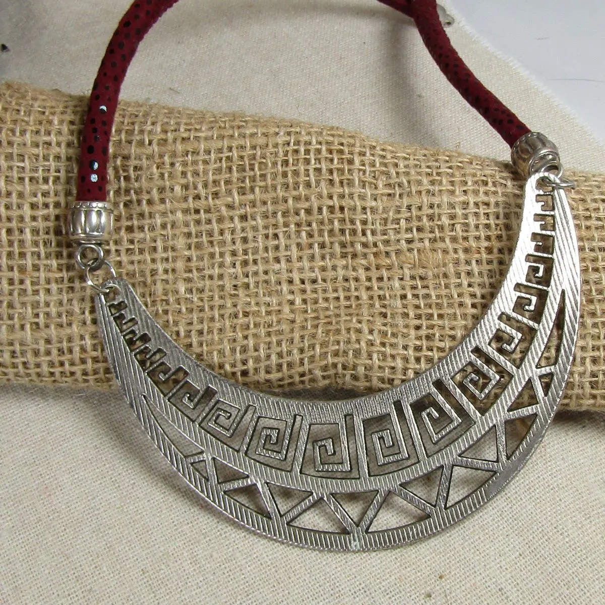 Affordable Tribal Necklace Silver Statement Sparkly Maroon Cord