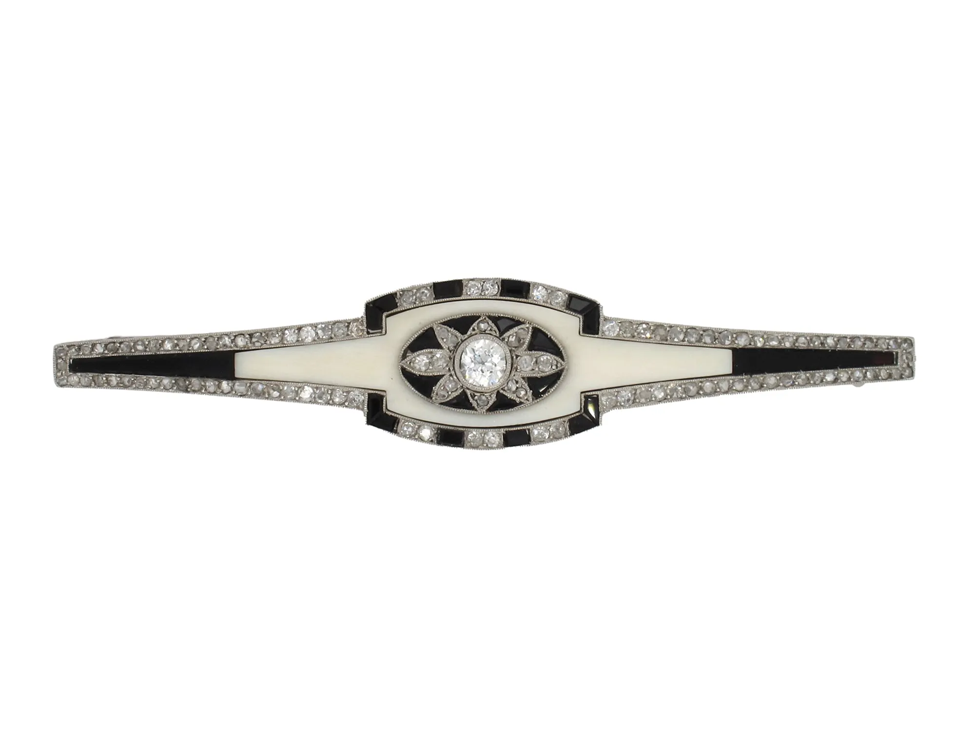 An Art Deco platinum, diamond, onyx and bone brooch, Cartier, Paris, 1925 c.a.