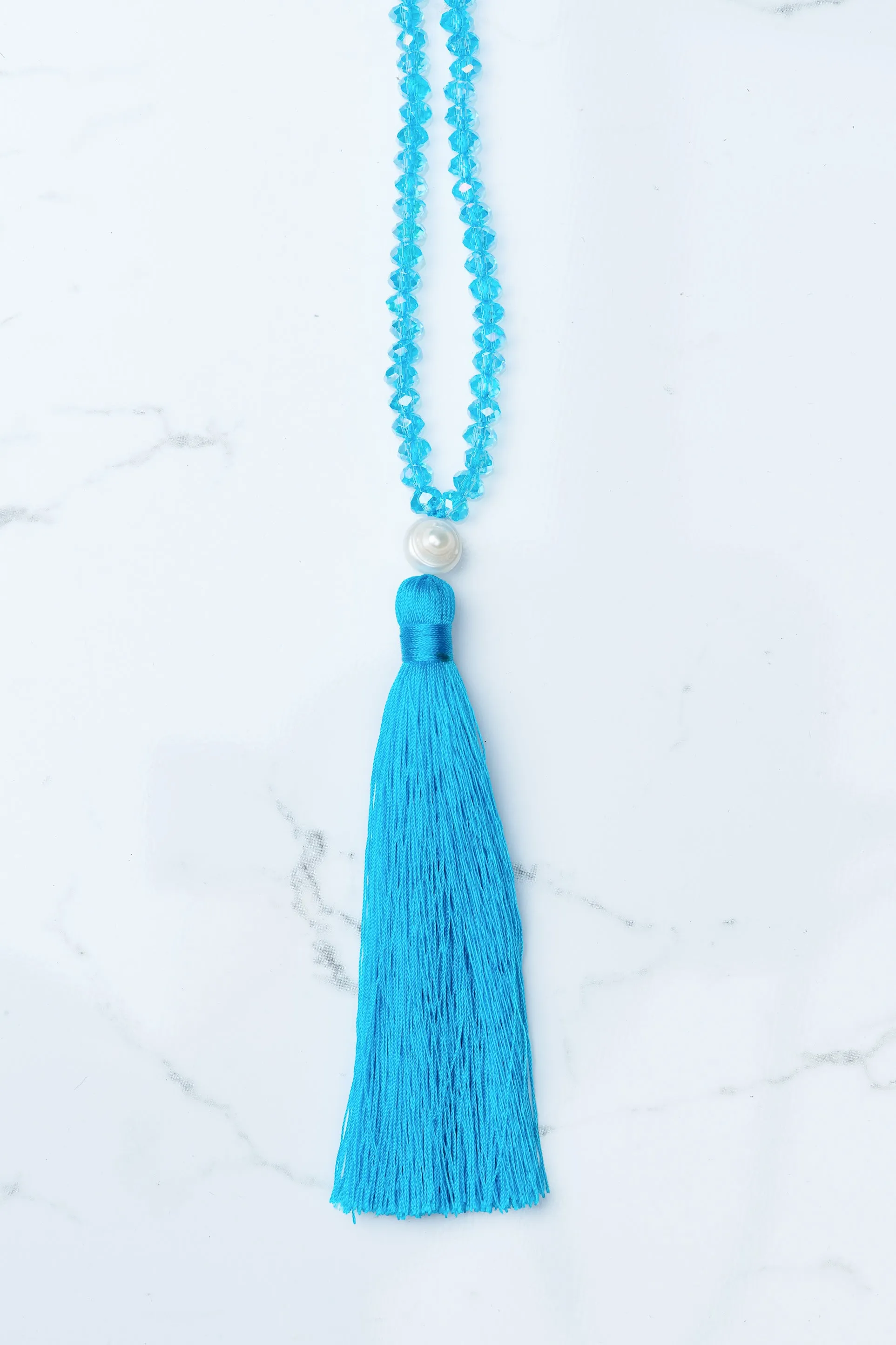 Aqua Beaded Pearl Tassel Necklace