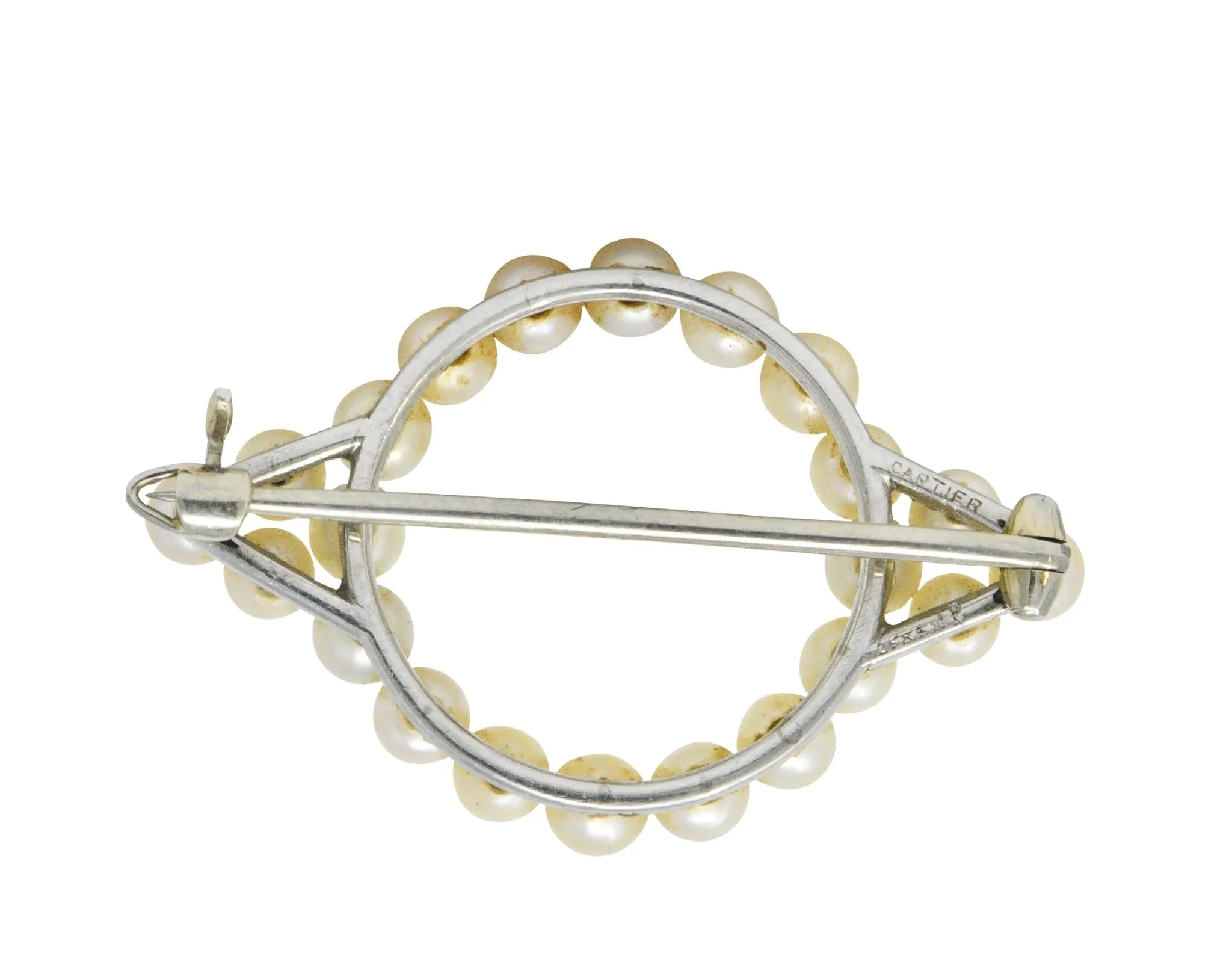 Cartier Mid Century Cultured Pearl Platinum 14 Karat Gold Pin Brooch