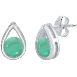 Classic Women's Earrings - Silver Pearshaped with Round Emerald Gemstone Stud | D-8163