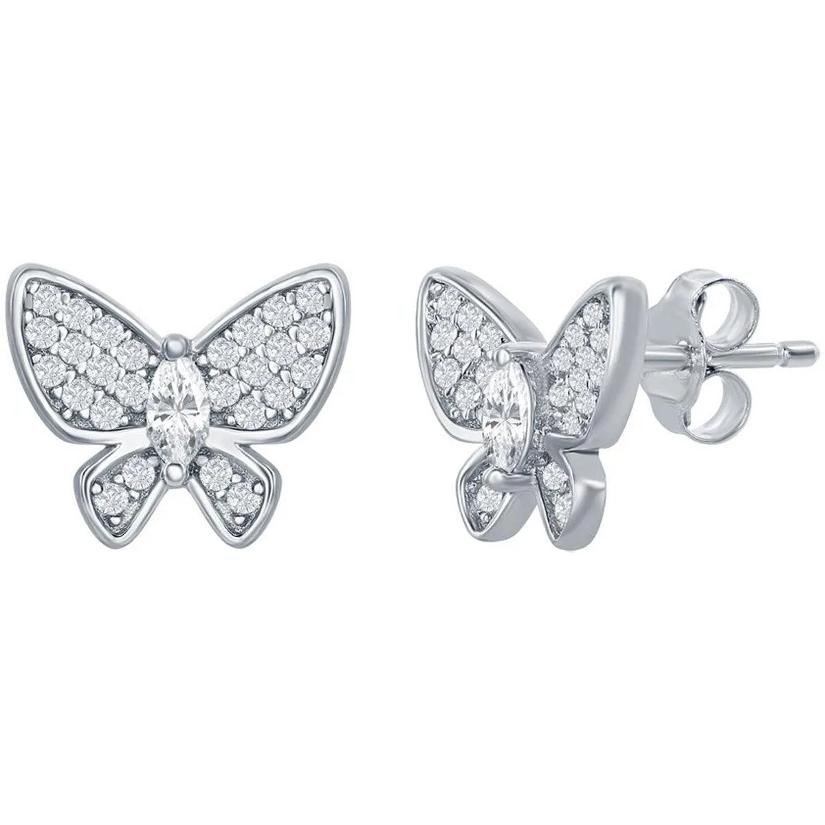 Classic Women's Earrings - Sterling Silver White CZ Stone Butterfly Stud | D-7536