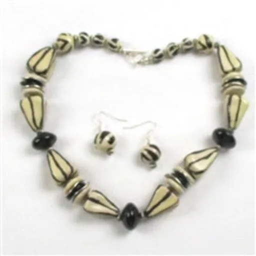 Cream & Black Kazuri Necklace & Earrings Chunky