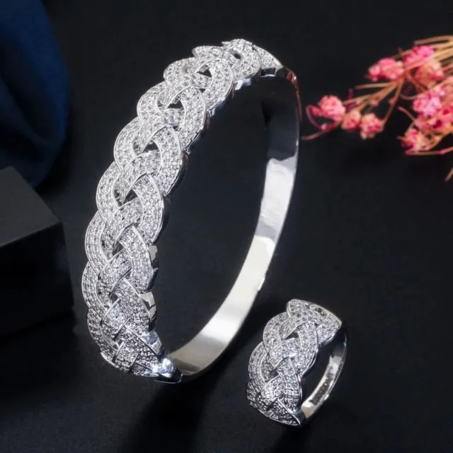 CWWZircons Luxury Big African CZ Bangle Bracelet Ring Sets Fashion Dubai Gold Silver Plated Jewelry for Women Party Wedding T373