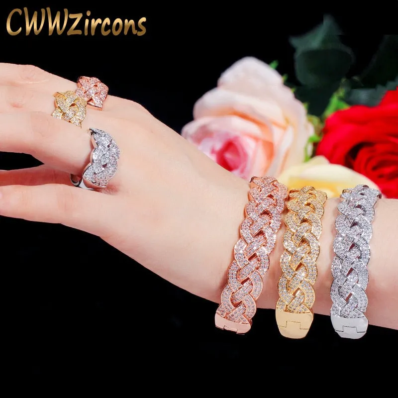 CWWZircons Luxury Big African CZ Bangle Bracelet Ring Sets Fashion Dubai Gold Silver Plated Jewelry for Women Party Wedding T373