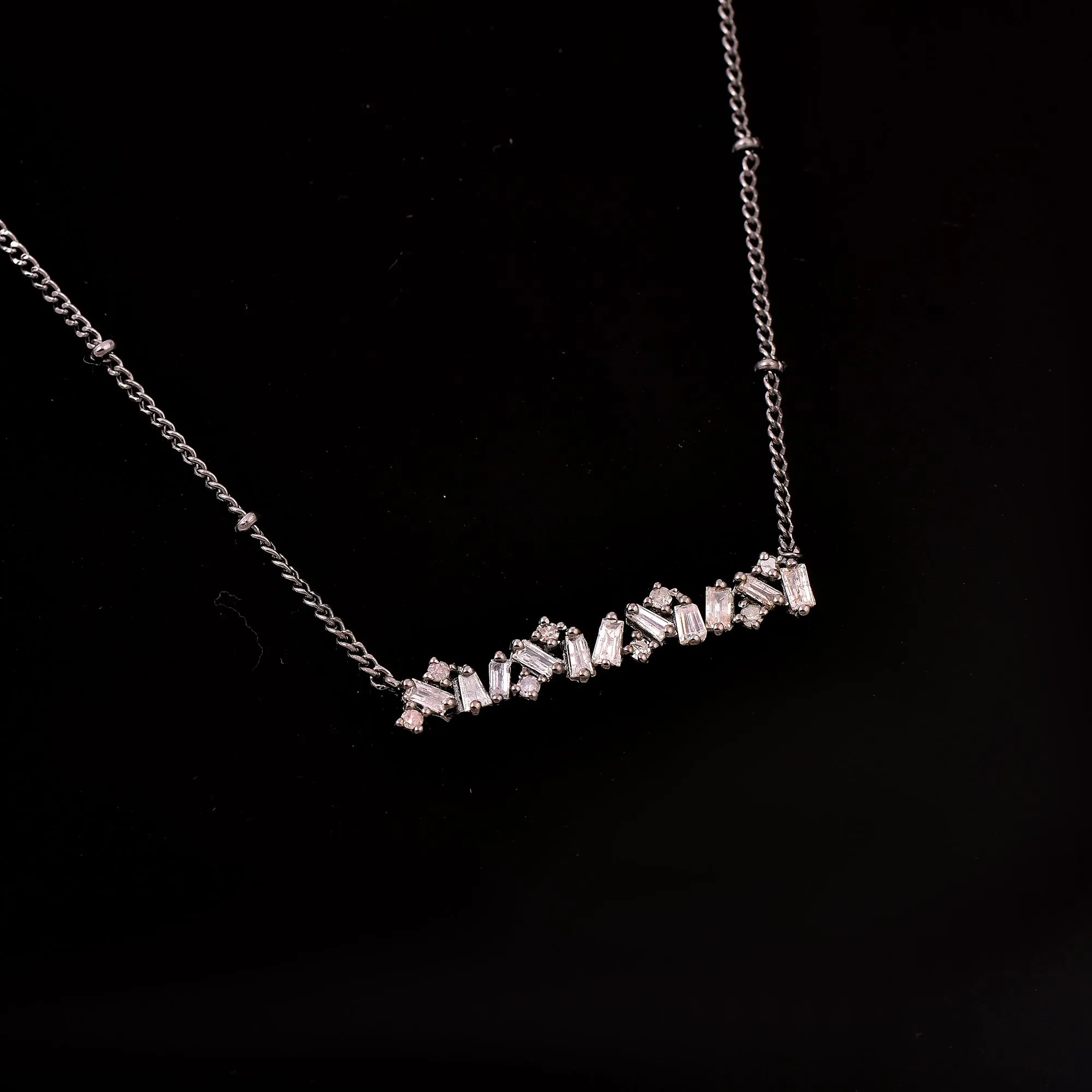 Delicate Diamond Cluster Bar Silver Necklace