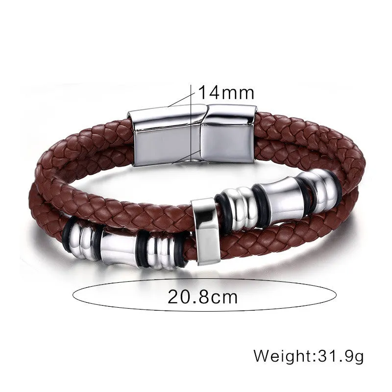 Double-deck Genuine Leather Bracelets & Bangles Brown Casual Style Wear Sets Men Jewelry Stainless Steel Wristband