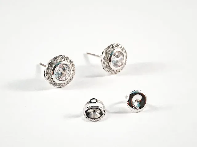 Elegant Classic Round Halo CZ Stud Screw Back Silver Earrings