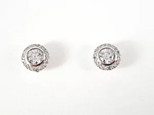 Elegant Classic Round Halo CZ Stud Screw Back Silver Earrings