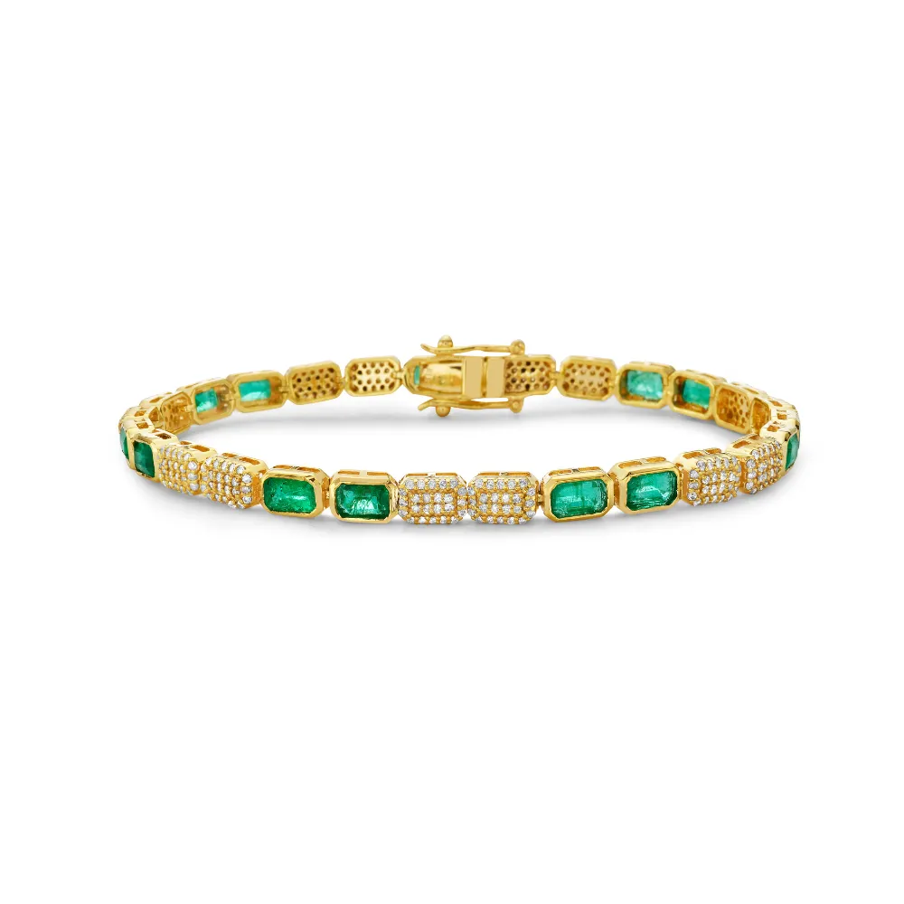 Emerald Cut Emerald & Pave Diamonds Tennis Bracelet (5.50 ct.) Bezel Setting in 14K Gold