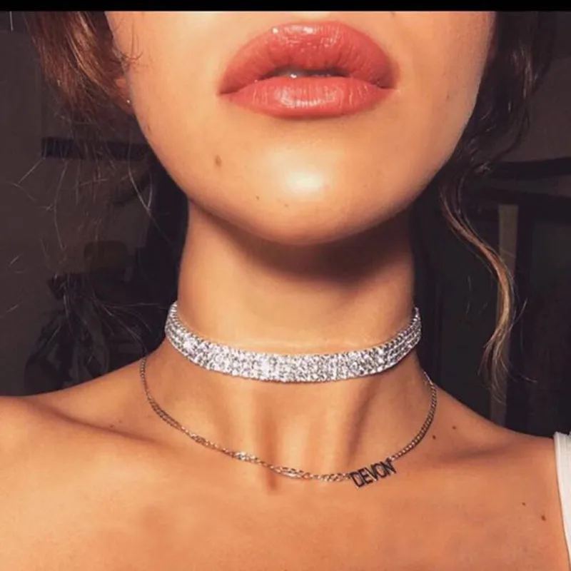 Fashion Women Choker Necklace Wedding Jewelry 3 Row Stretch Rhinestone Statement Necklace Accessories Party Prom Jewelry N51701