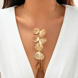 Fashionable Metallic Leaf and Tassel Design Y-shaped Necklace