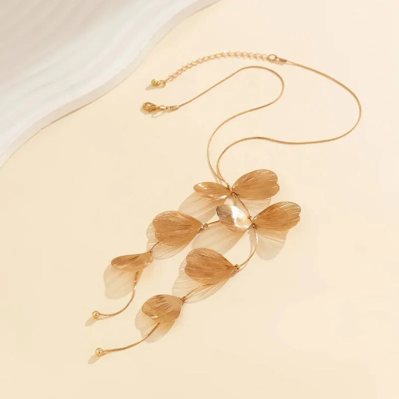 Fashionable Metallic Leaf and Tassel Design Y-shaped Necklace