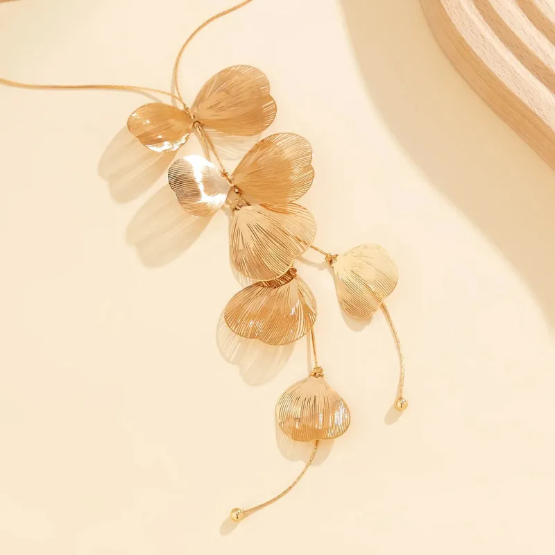 Fashionable Metallic Leaf and Tassel Design Y-shaped Necklace