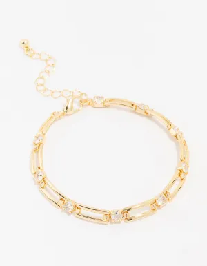 Gold Plated Brass Rectangular Square Cubic Zirconia Bracelet