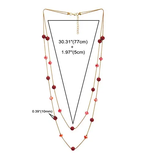 Gold Red Statement Necklace Two-Strand Long Chains with Red Crystal Beads Charms, Fashionable, Dress