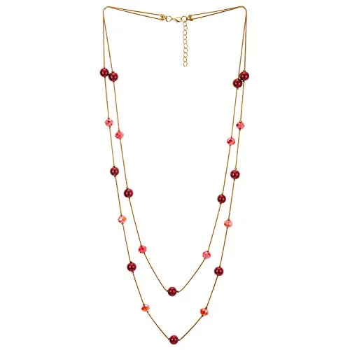 Gold Red Statement Necklace Two-Strand Long Chains with Red Crystal Beads Charms, Fashionable, Dress