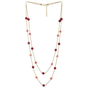 Gold Red Statement Necklace Two-Strand Long Chains with Red Crystal Beads Charms, Fashionable, Dress