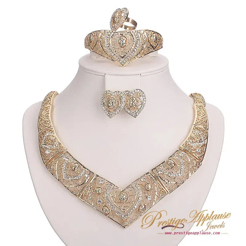 High Quality Elegant Elongated Dubai Real 18k Gold Plated with Rhinestone Necklace Earring Bracelet Rings Jewellery Set