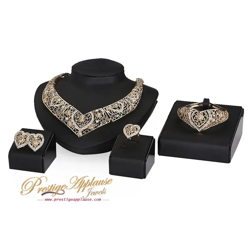 High Quality Elegant Elongated Dubai Real 18k Gold Plated with Rhinestone Necklace Earring Bracelet Rings Jewellery Set