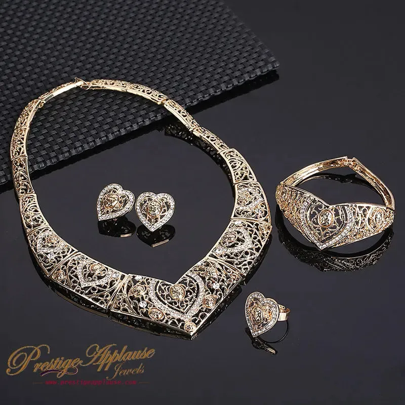 High Quality Elegant Elongated Dubai Real 18k Gold Plated with Rhinestone Necklace Earring Bracelet Rings Jewellery Set