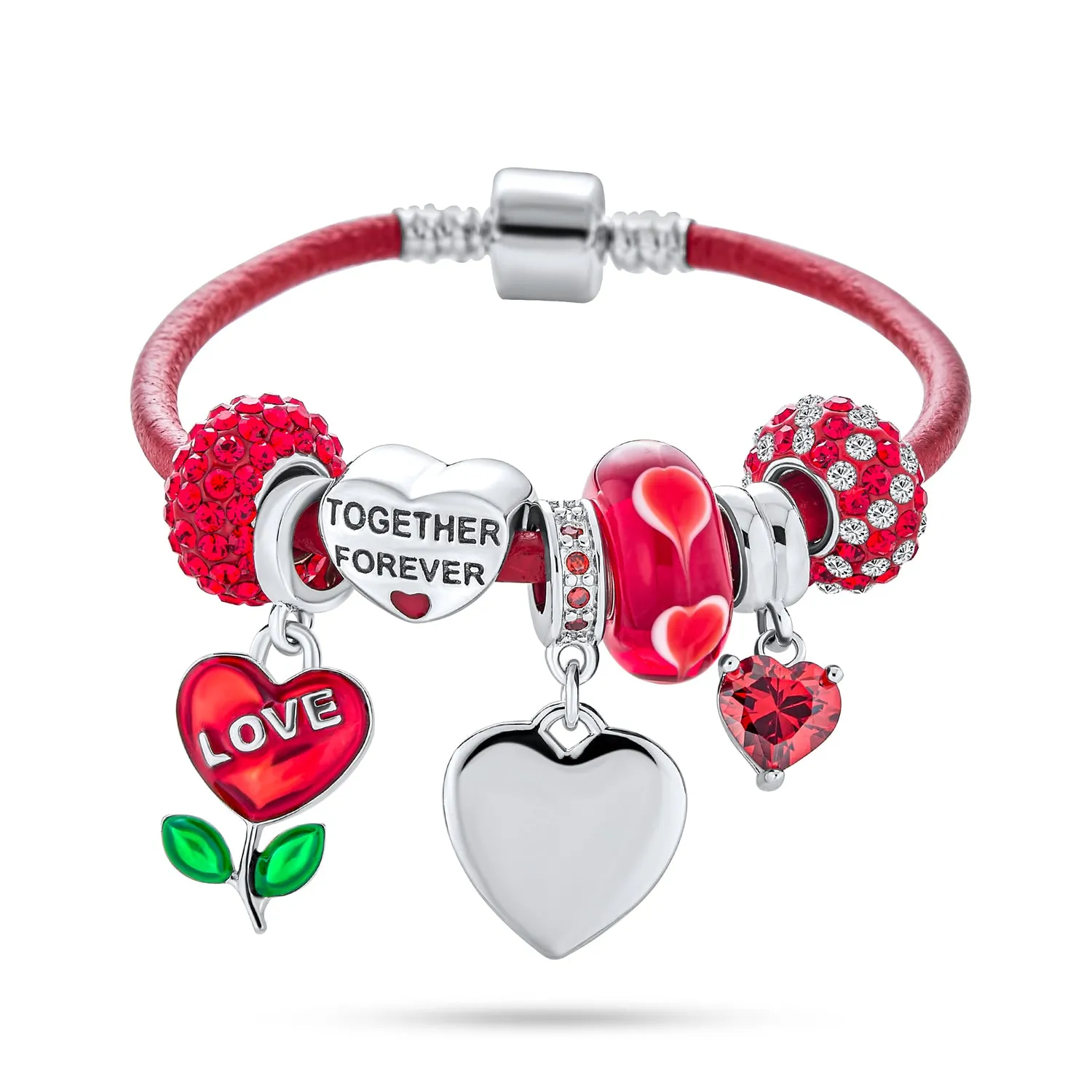 Initials Love Heart Charm Bracelet with Genuine Red Leather and Sterling Silver Clasp