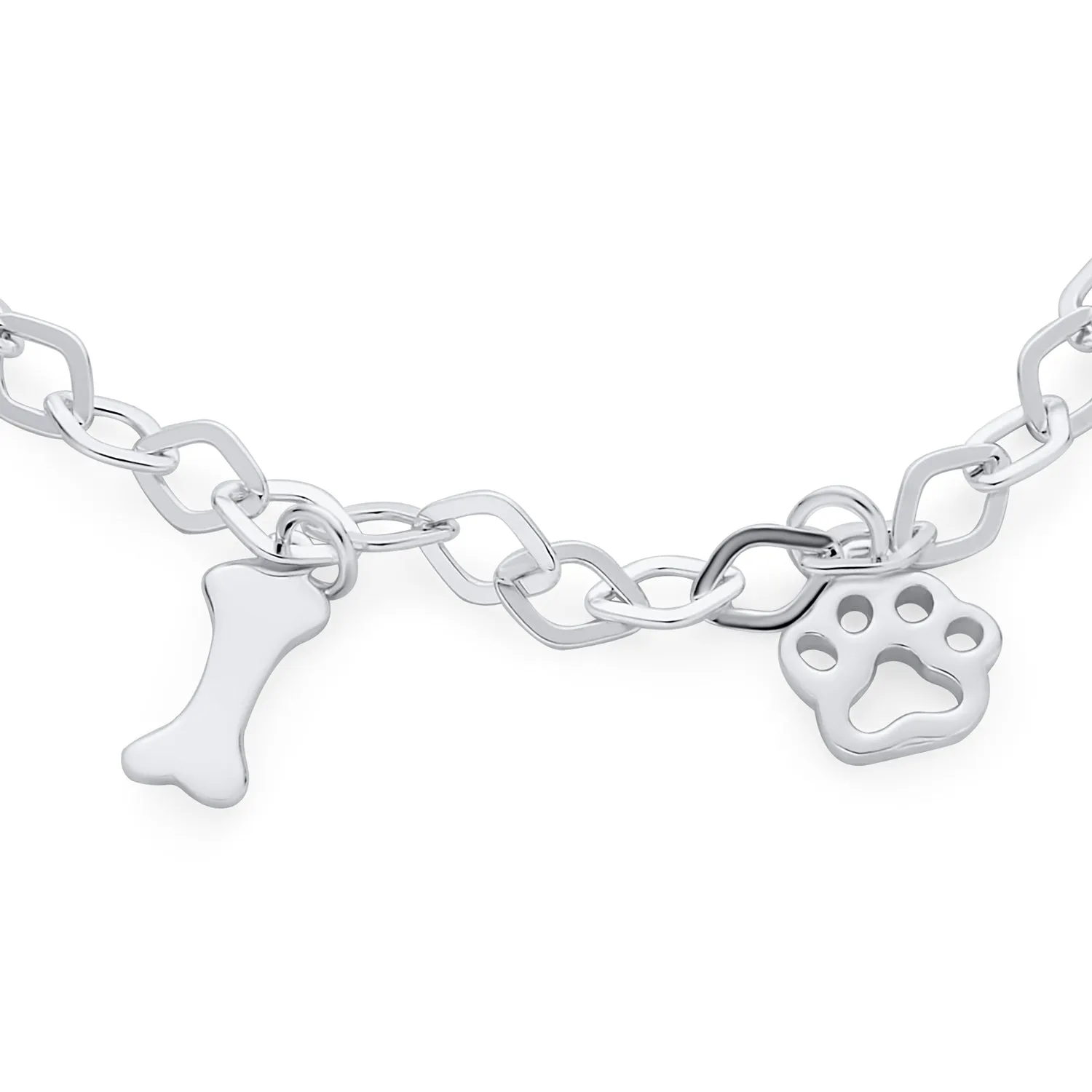 Layering Chain Link Bracelet Dog Lover Heart Bone Paw Charm Sterling Silver 7"