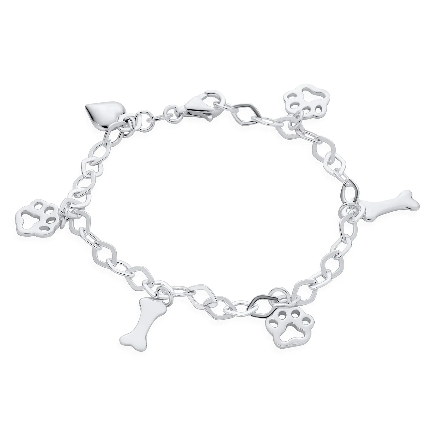 Layering Chain Link Bracelet Dog Lover Heart Bone Paw Charm Sterling Silver 7"