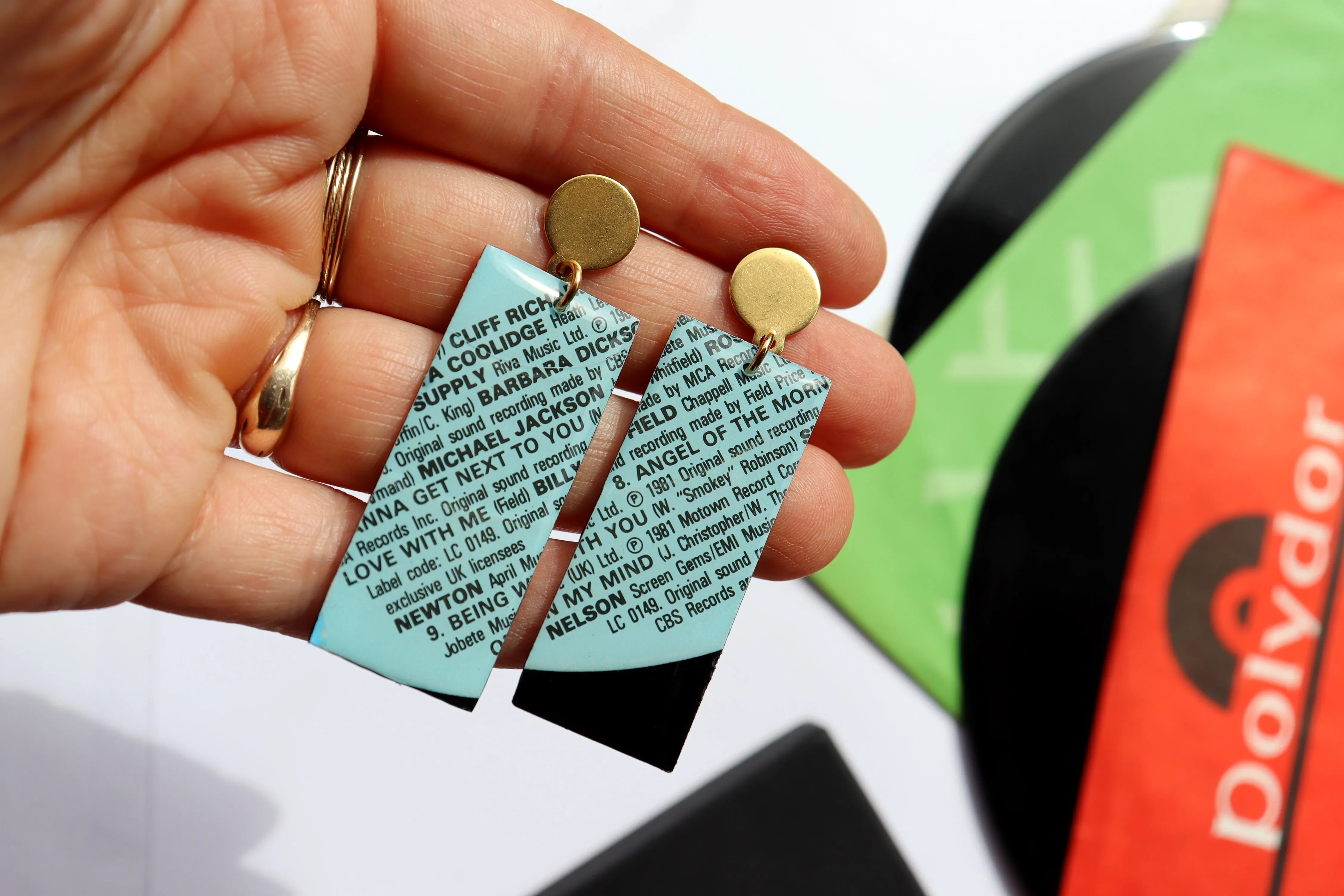 Michael Jackson / 1981 / ENDLESS LOVE compilation / stylish geometric vinyl earrings in aqua