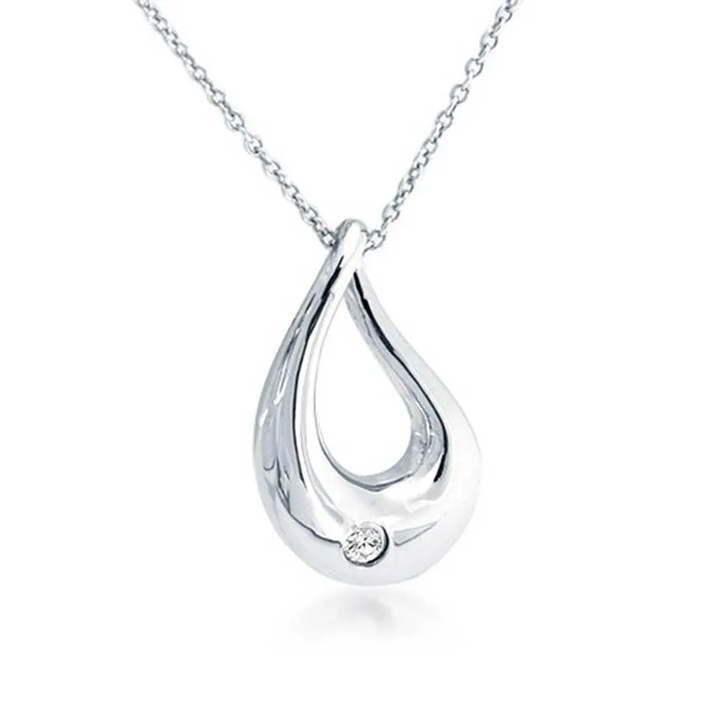 Minimalist Teardrop Pendant Necklace with CZ Accent in Sterling Silver 16 Inch