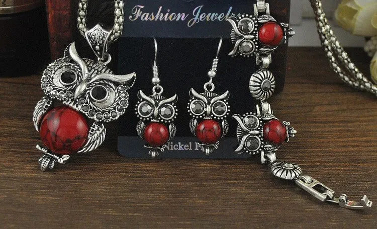 New Vintage Design Owl Jewelry Sets Tibetan Vintage Silver Retro Turquoise Stone Pendant Necklace drop earrings Charm bracelet Set