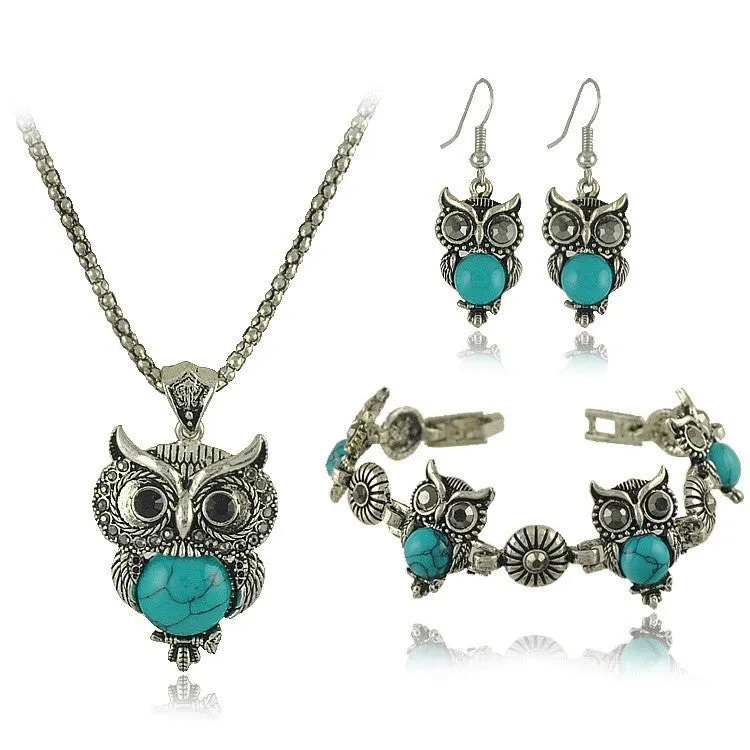 New Vintage Design Owl Jewelry Sets Tibetan Vintage Silver Retro Turquoise Stone Pendant Necklace drop earrings Charm bracelet Set