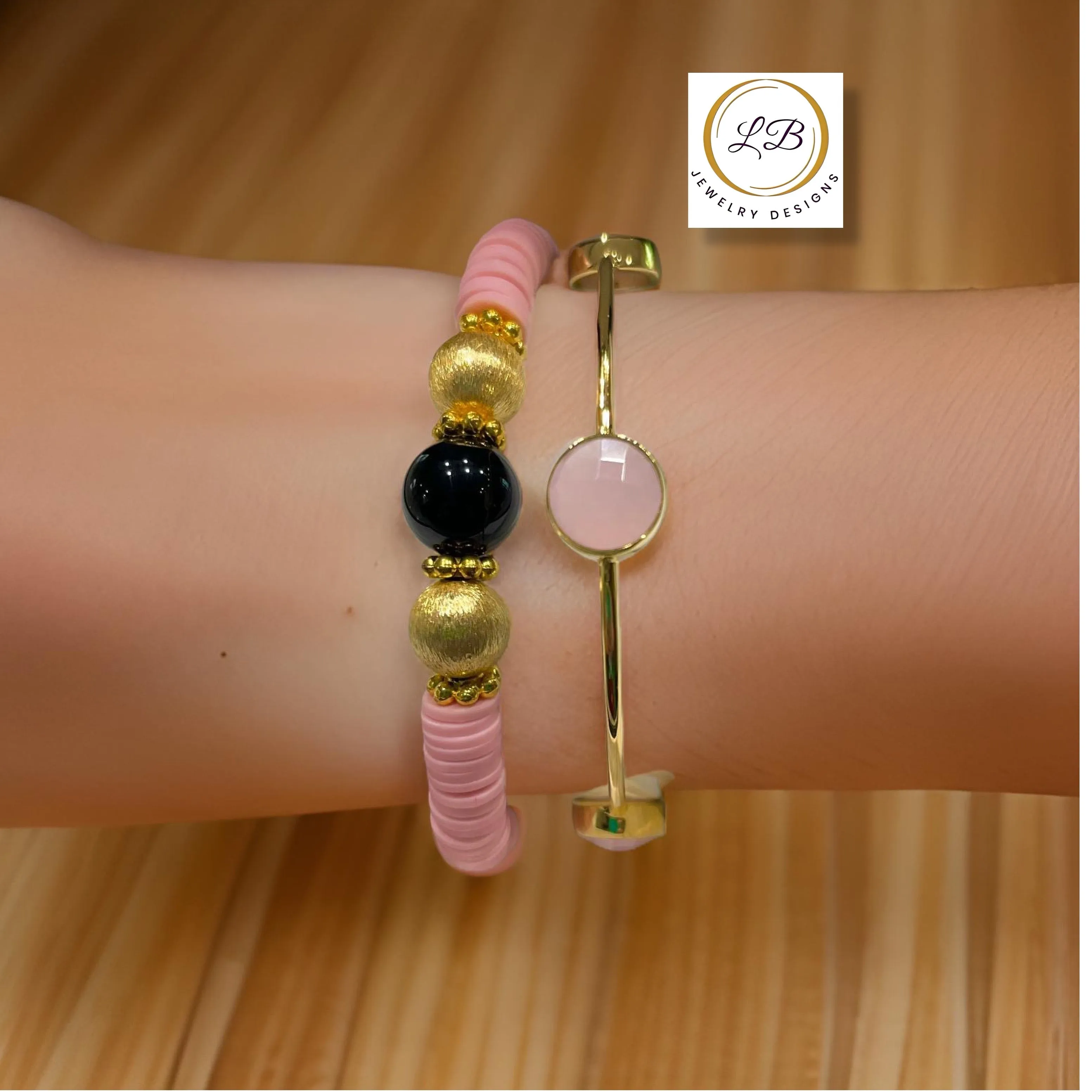 Petite Pink Quartz & Black Onyx Bracelet Set