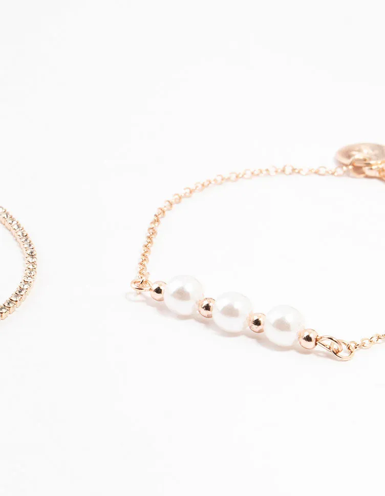 Rose Gold Pearl & Diamante Chain Bracelets 4-Pack