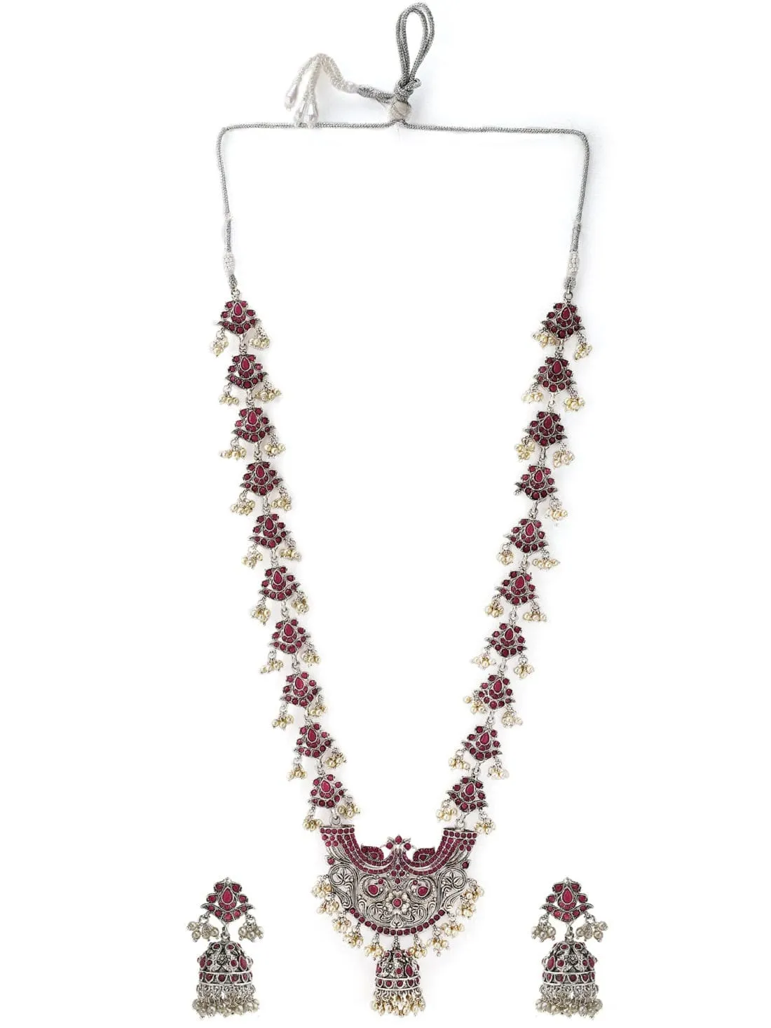 Rubans Silver Toned Pink Colour Stone Necklace Set