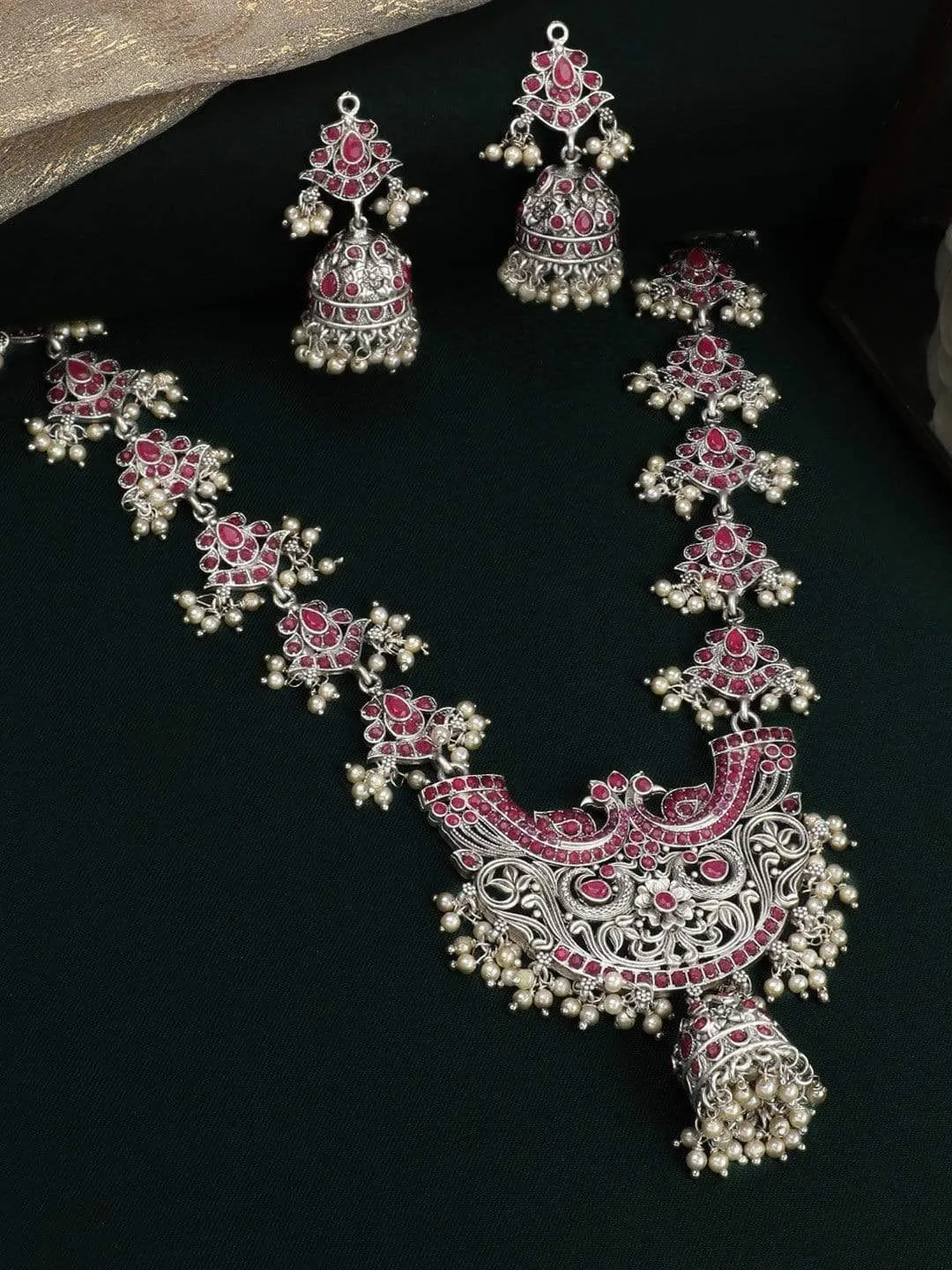 Rubans Silver Toned Pink Colour Stone Necklace Set