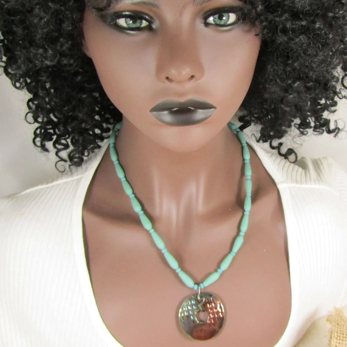 Sea Glass Bead Necklace with Handmade Urban Raku Pendant