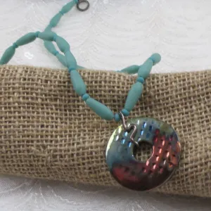 Sea Glass Bead Necklace with Handmade Urban Raku Pendant