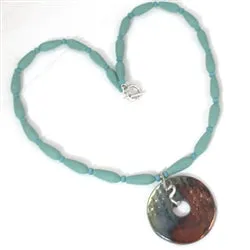 Sea Glass Bead Necklace with Handmade Urban Raku Pendant