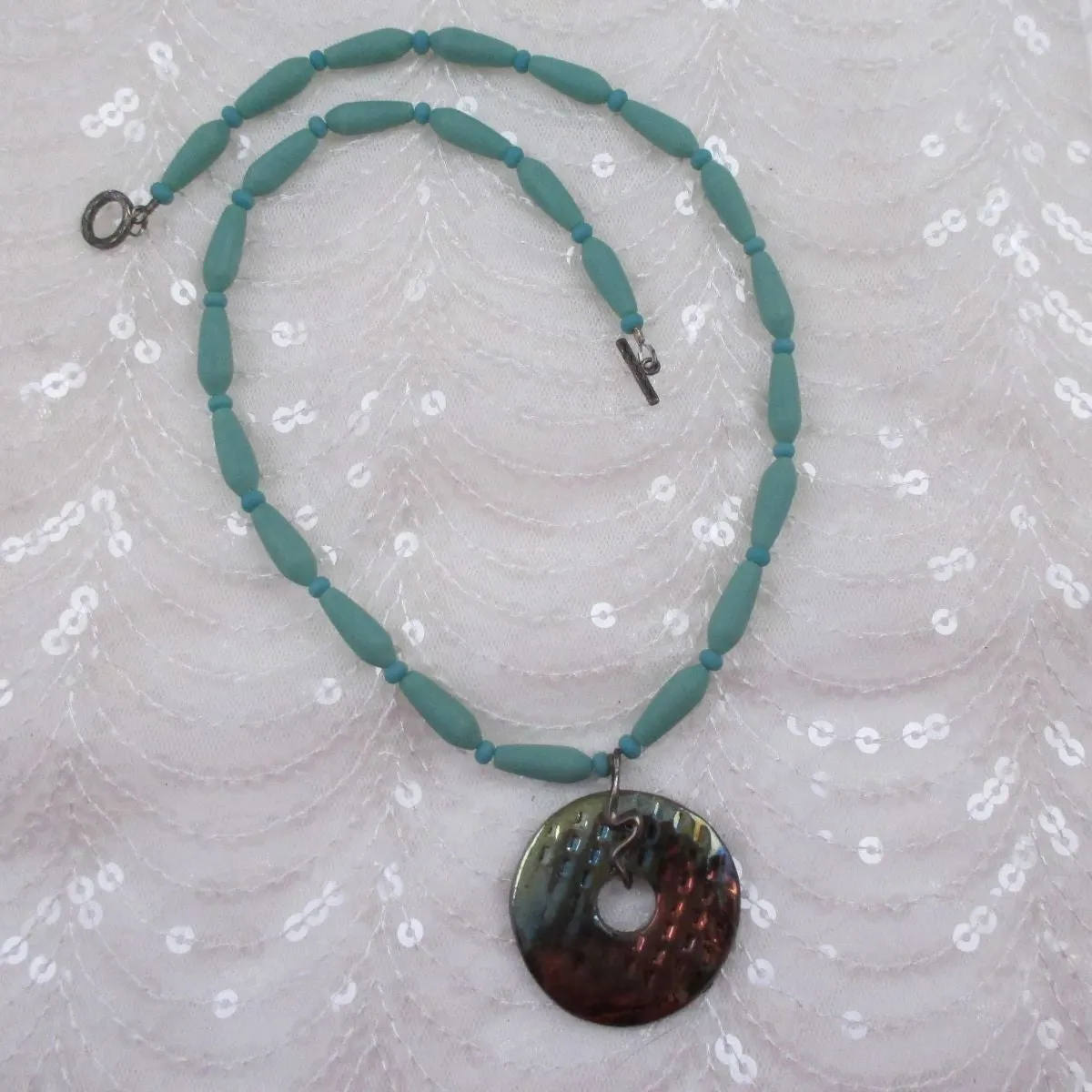 Sea Glass Bead Necklace with Handmade Urban Raku Pendant