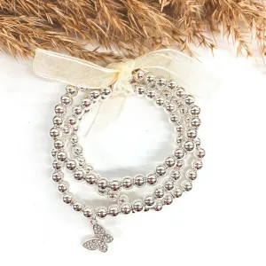 Set of Three | Beaded Bracelets with Crystal Butterfly Charm in Silver